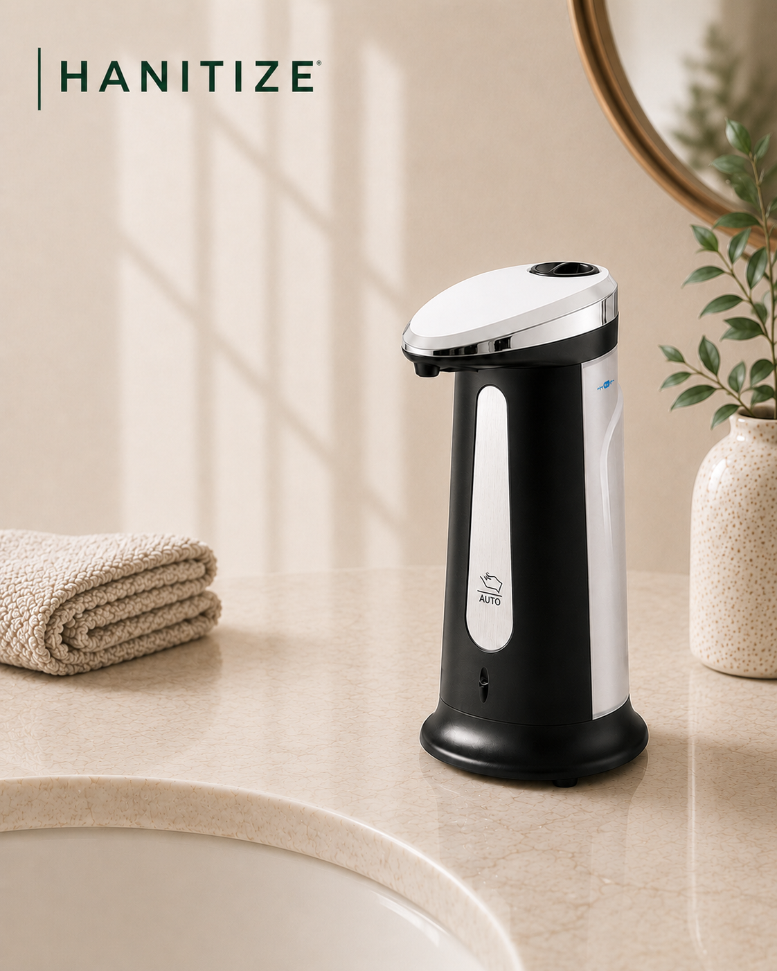 Black Hanitize automatic soap dispenser with a silver top displayed on a modern bathroom countertop beside folded towels and greenery.