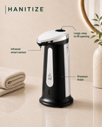 Black Hanitize automatic soap dispenser with an infrared sensor, large refill opening and premium finish on a bathroom countertop.