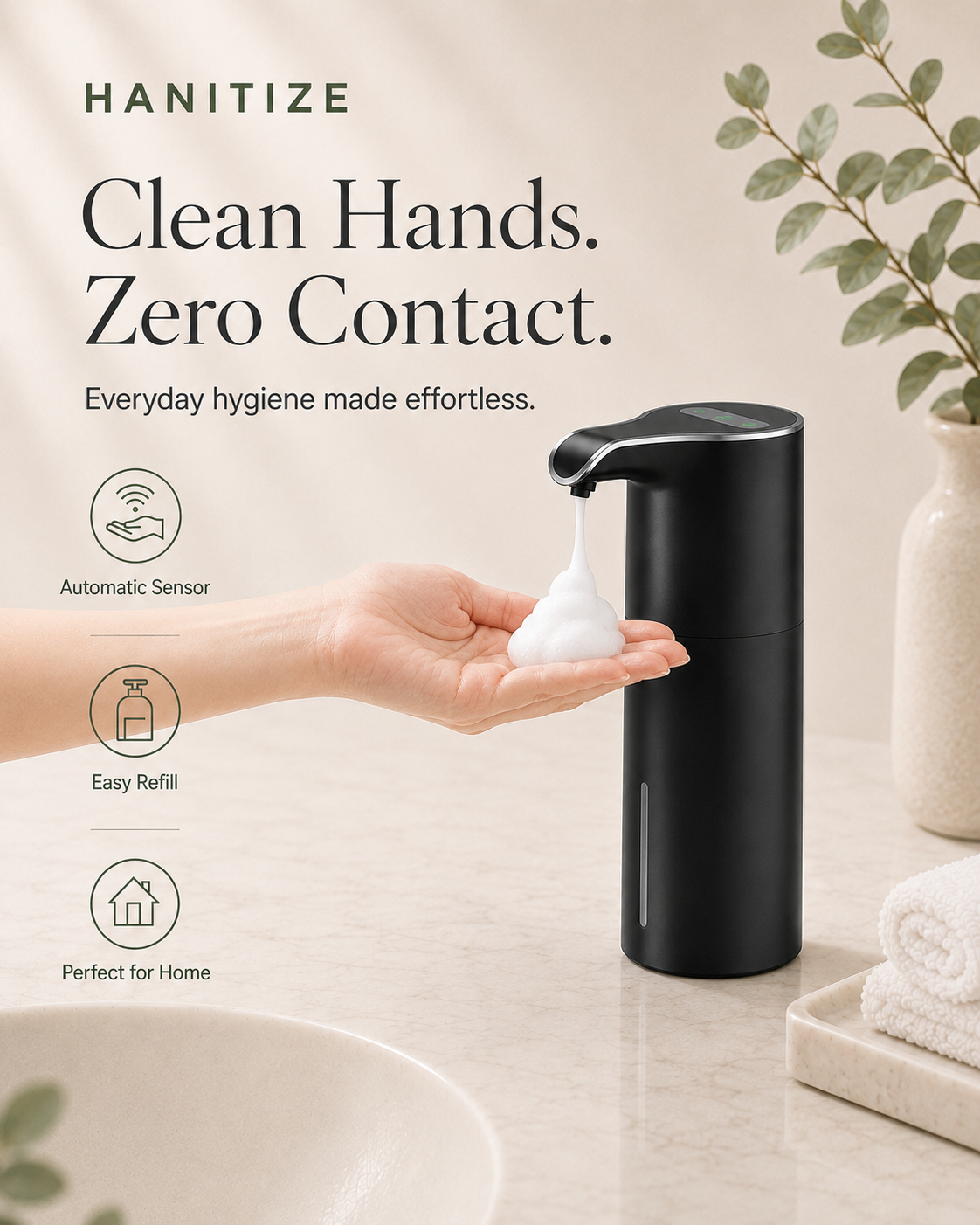 Black Hanitize automatic soap dispenser dispensing foam into a person’s hand on a modern bathroom countertop.