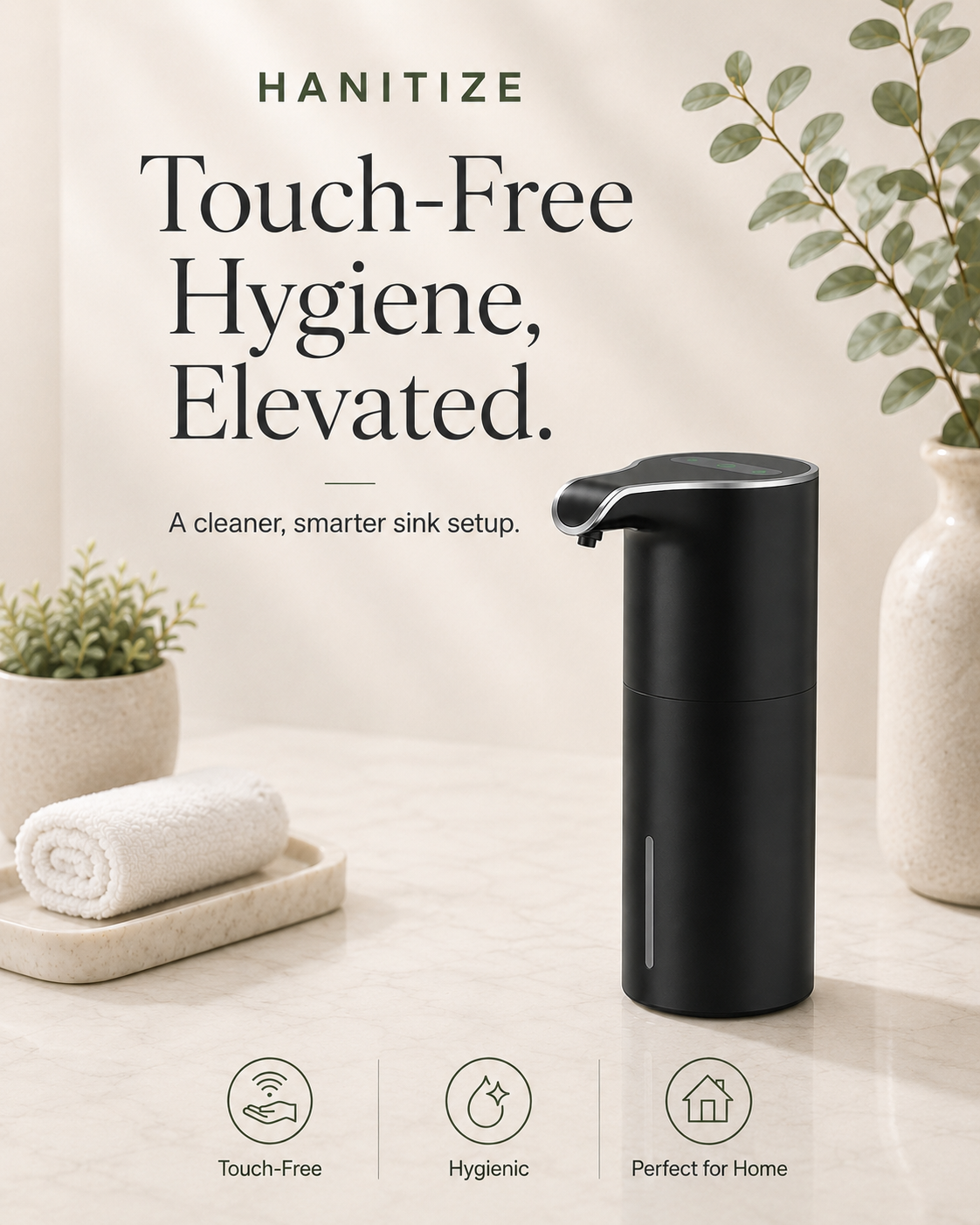 Black Hanitize automatic touchless soap dispenser on a bright bathroom countertop with towels, plants and minimalist décor.