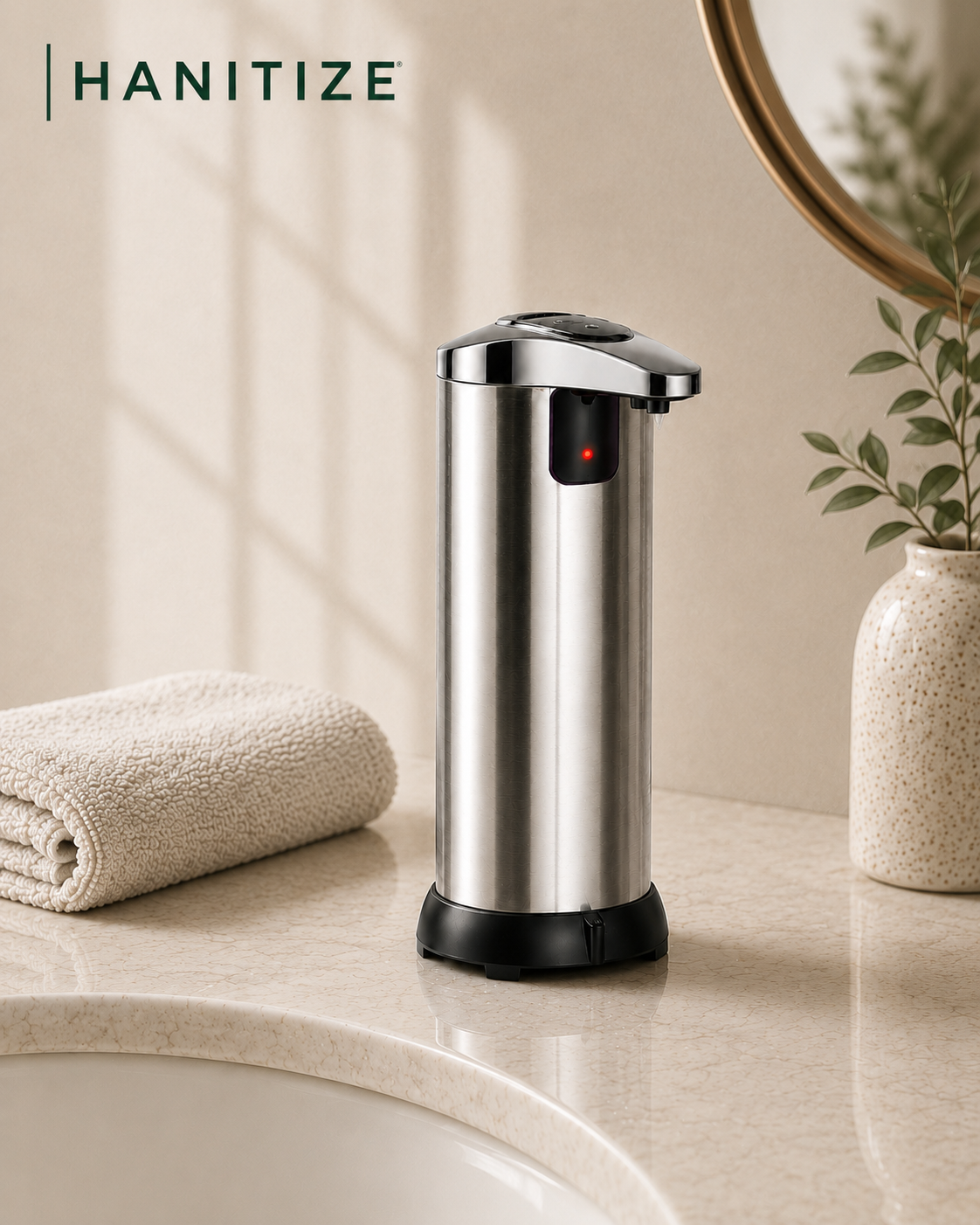 Stainless steel Hanitize automatic soap dispenser with a black base displayed on a modern bathroom countertop beside a towel and plant.