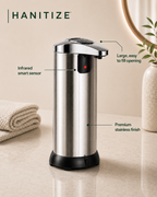 Stainless steel Hanitize automatic soap dispenser with an infrared sensor, large refill opening and premium finish on a bathroom countertop.
