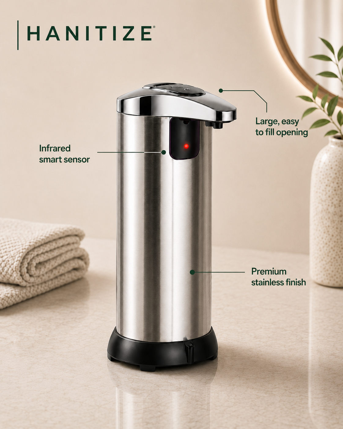 Stainless steel Hanitize automatic soap dispenser with an infrared sensor, large refill opening and premium finish on a bathroom countertop.