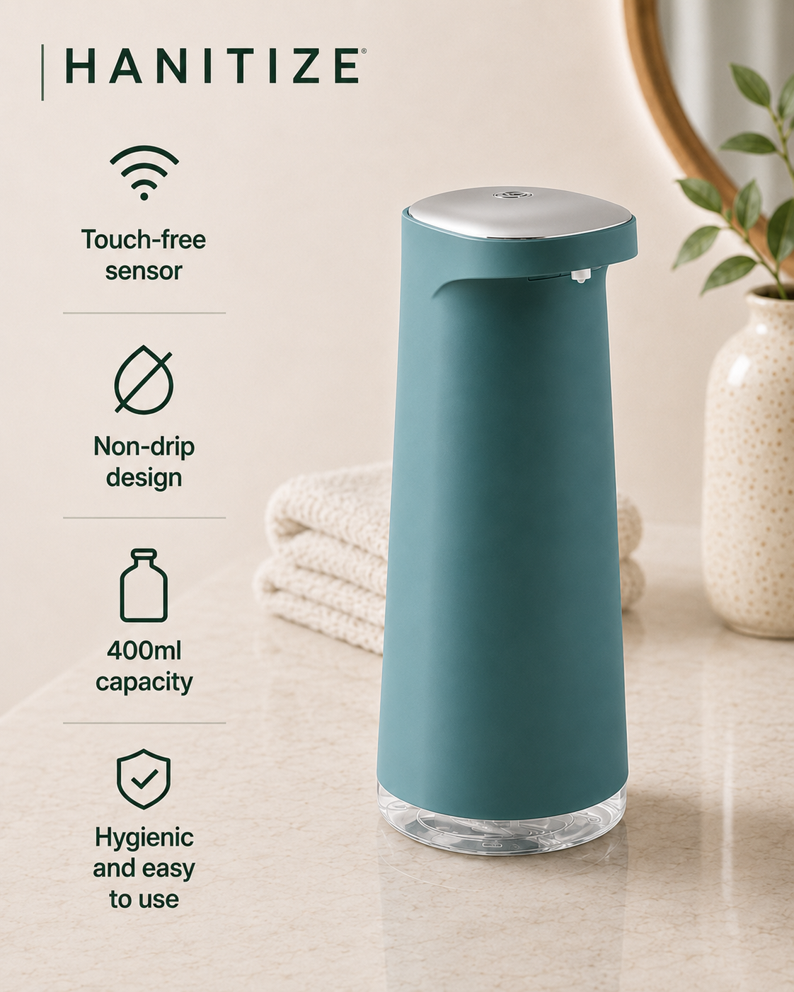 Teal Hanitize automatic touchless soap dispenser with a non-drip design and 400ml capacity on a modern bathroom countertop.