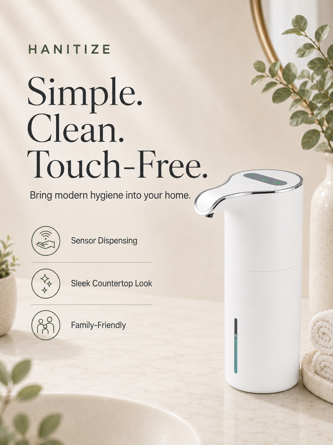 White Hanitize touchless soap dispenser on a modern bathroom countertop with towels, plants and minimalist décor.
