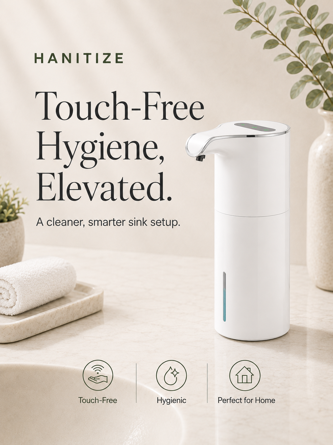 White Hanitize automatic touchless soap dispenser on a bright bathroom countertop with folded towels, plants and minimalist décor.