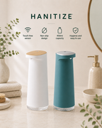 White and teal Hanitize automatic touchless soap dispensers displayed together on a modern bathroom countertop.